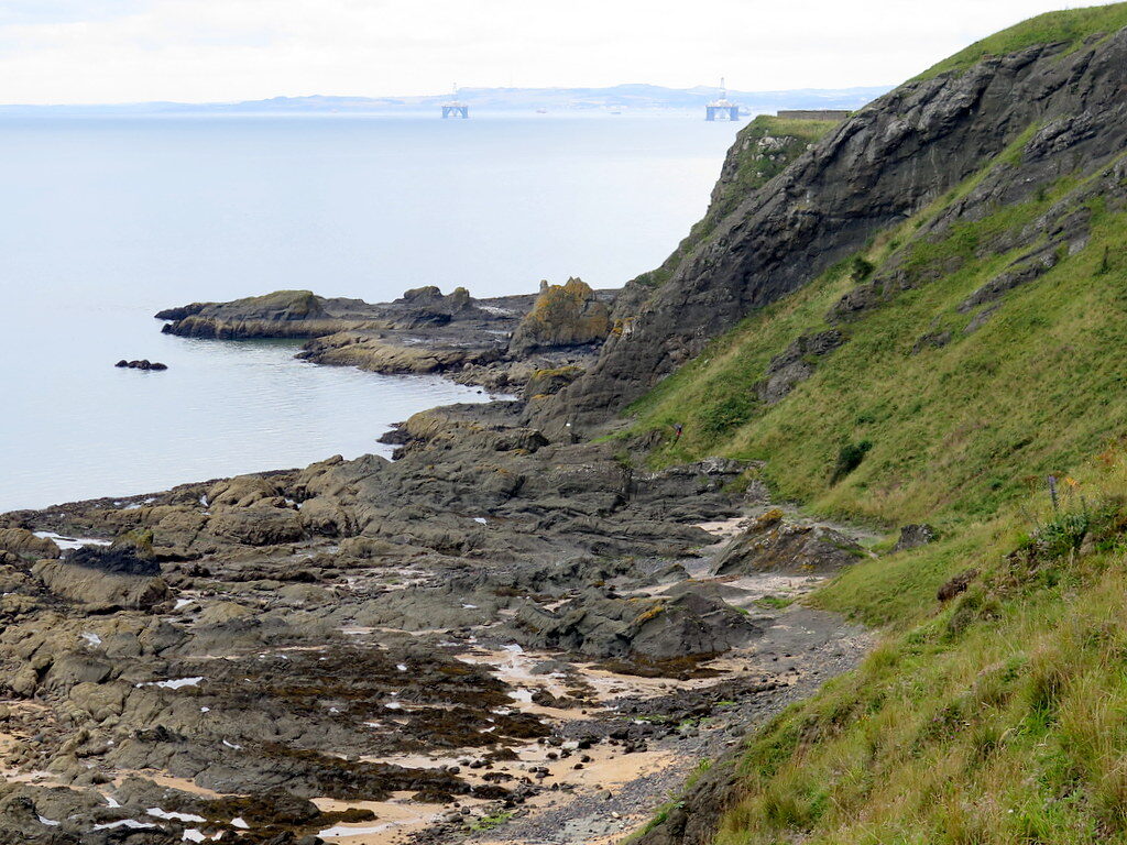 View from the Fife Coastal Path on Kincraig Hill down over the east end of the Chain Walk and Earlsferry sands
