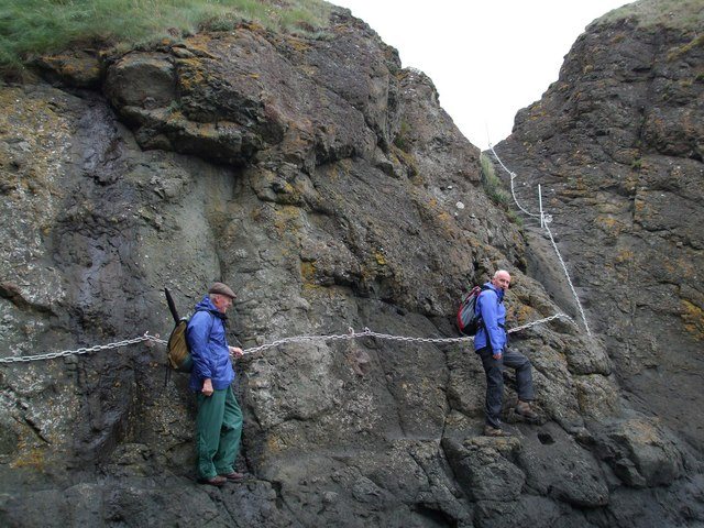 Two walkers holding a horizontal chain fixed across a steep rock face on the Elie Chain Walk