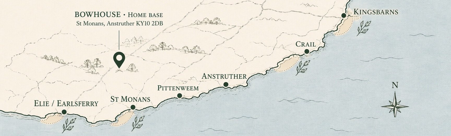 Illustrated map of the East Neuk workshop coast — Kingsbarns to Elie