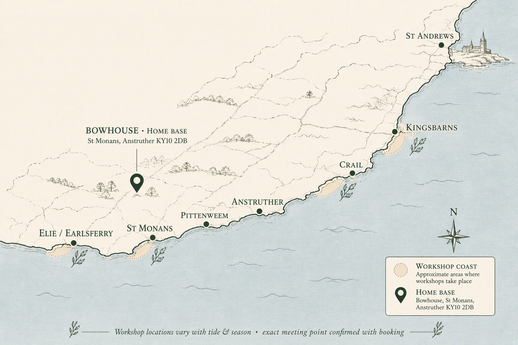 Illustrated map of the East Neuk coast showing the Bowhouse home base at St Monans and the workshop beaches — Elie, St Monans, Pittenweem, Anstruther, Crail, Kingsbarns and St Andrews