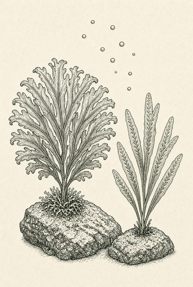 Hand-drawn identification plate for carrageen: small flat fronds forking evenly into a fan from a narrow base, with a frond of false Irish moss beside it for comparison