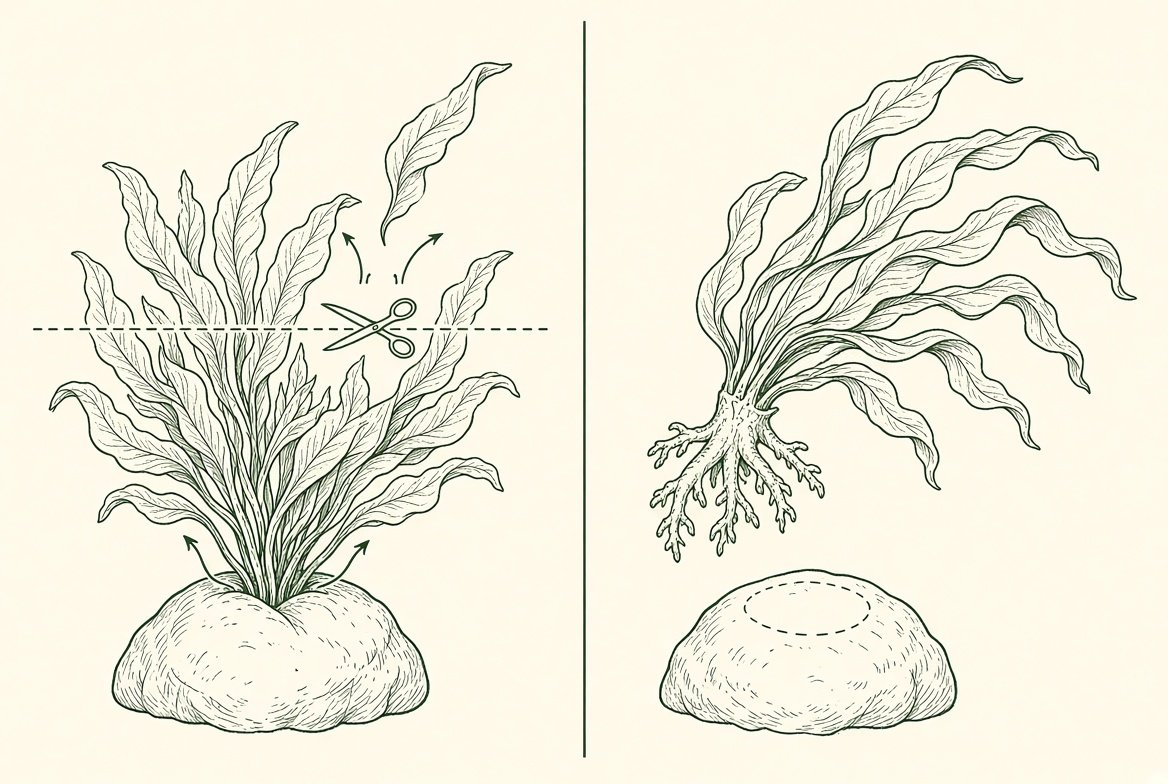 Diagram comparing a clean cut above the growing point, which regrows, with a plant pulled off the rock, whose holdfast can never reattach