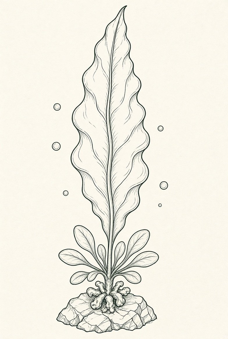 Hand-drawn identification plate for dabberlocks: lance-shaped blade with distinct midrib, sporophylls at the base and the cut line to harvest by