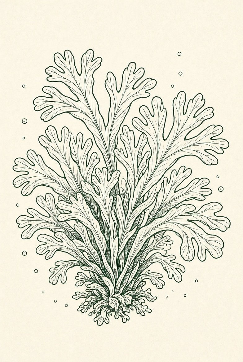 Hand-drawn identification plate for dulse: flat red-purple blades splitting into rounded finger lobes, growing on rock and kelp stipes