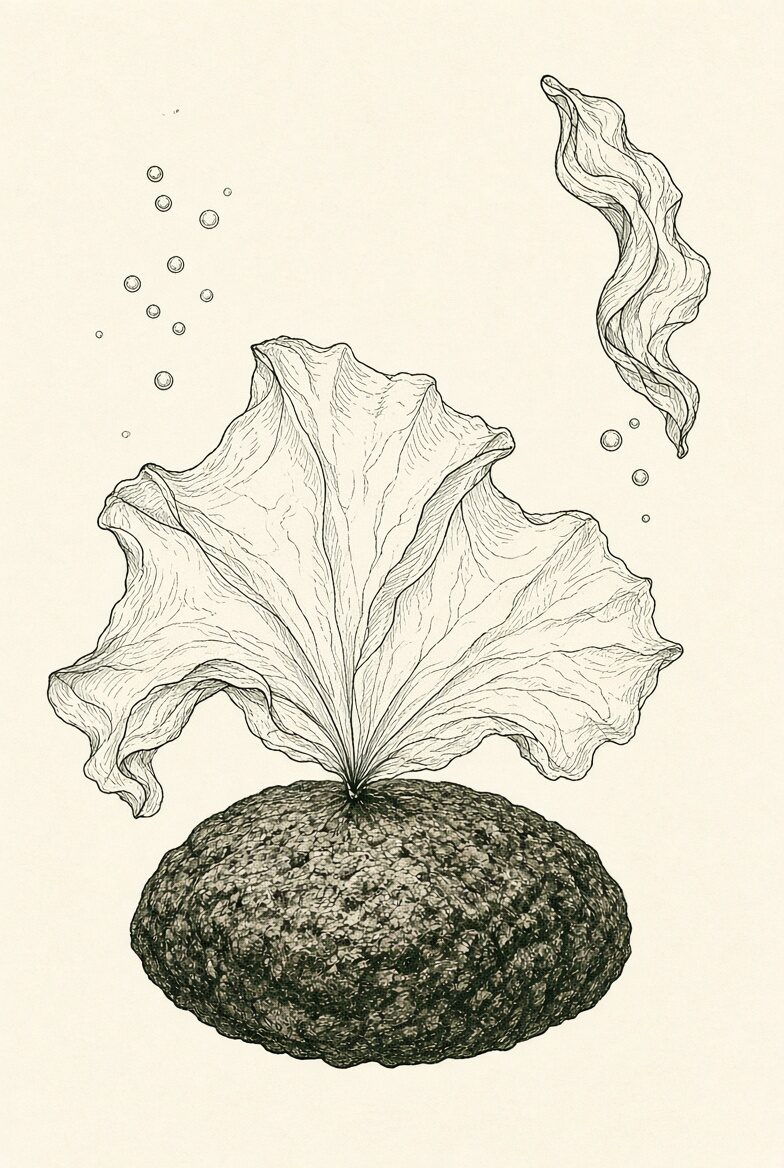 Hand-drawn identification plate for laver: a thin translucent membranous sheet with crumpled silk-like folds clinging to rock, one lifted fold showing the one-cell-thick membrane