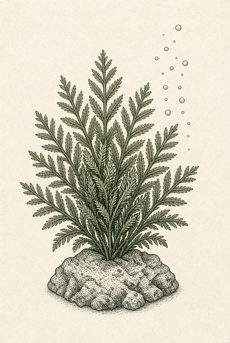 Hand-drawn identification plate for pepper dulse: dense tuft of small flattened fern-like fronds growing from a rock