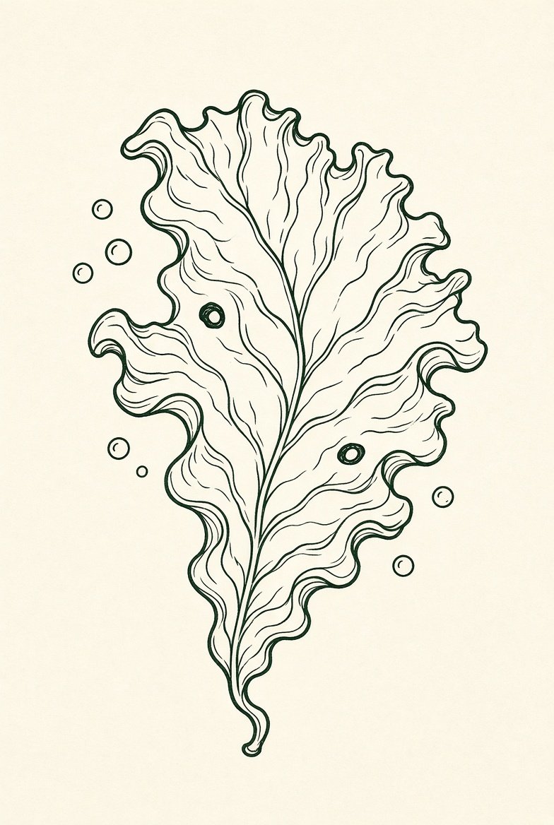 Hand-drawn identification plate for sea lettuce: bright green, paper-thin ruffled sheet held by a tiny disc