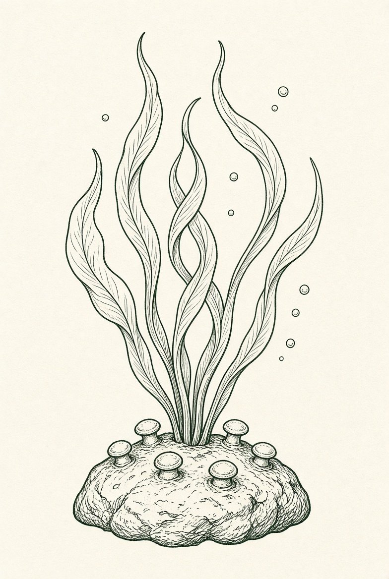 Hand-drawn identification plate for sea spaghetti: long smooth straps growing from button-shaped discs on the lower shore
