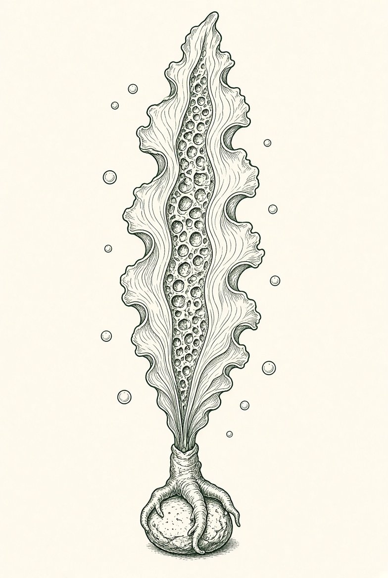 Hand-drawn identification plate for sugar kelp: one long olive-gold blade with crinkled bubbled centre and frilled margins