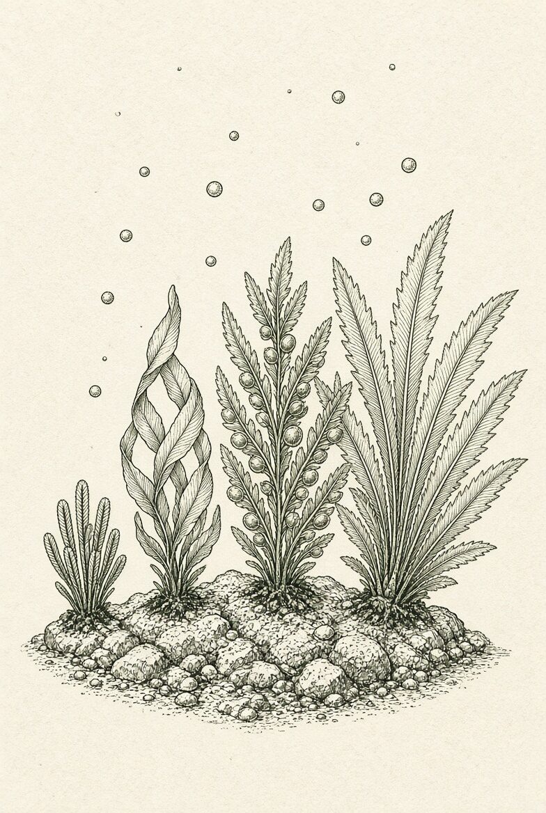Hand-drawn identification plate comparing four wracks in shore order: channelled wrack, spiral wrack, bladderwrack with paired air bladders, and serrated wrack with saw-toothed edges