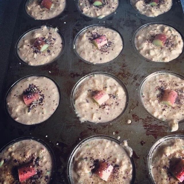 Rhubarb & sugar kelp muffins, ready for the oven