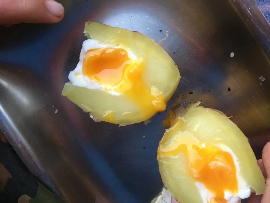 Step 8 — egg set inside the potato, ready to eat