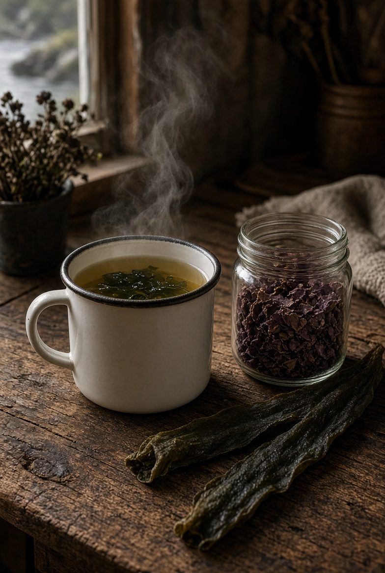 A steaming mug of seaweed tea beside a jar of dried dulse