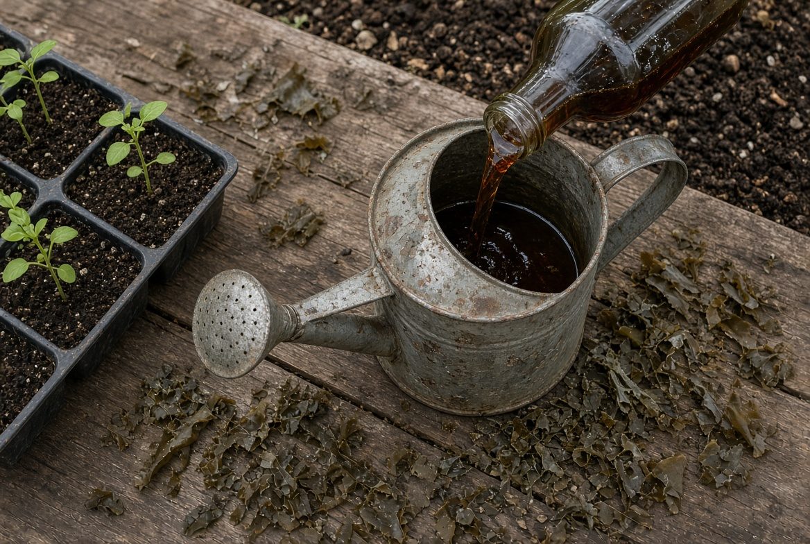 Strained seaweed tea poured into a watering can beside seedling trays