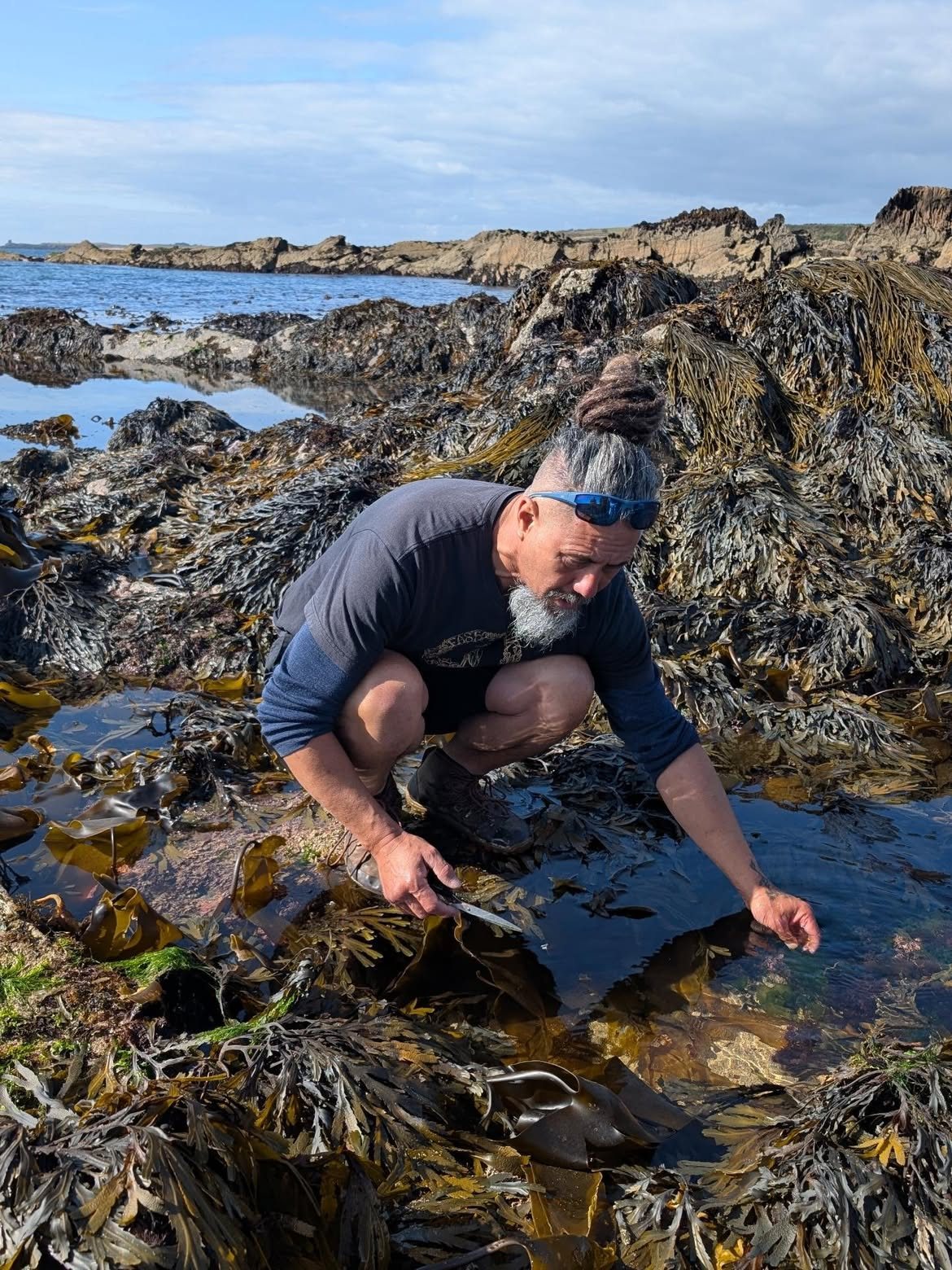 Jayson crouched at a rockpool among the wracks at low tide