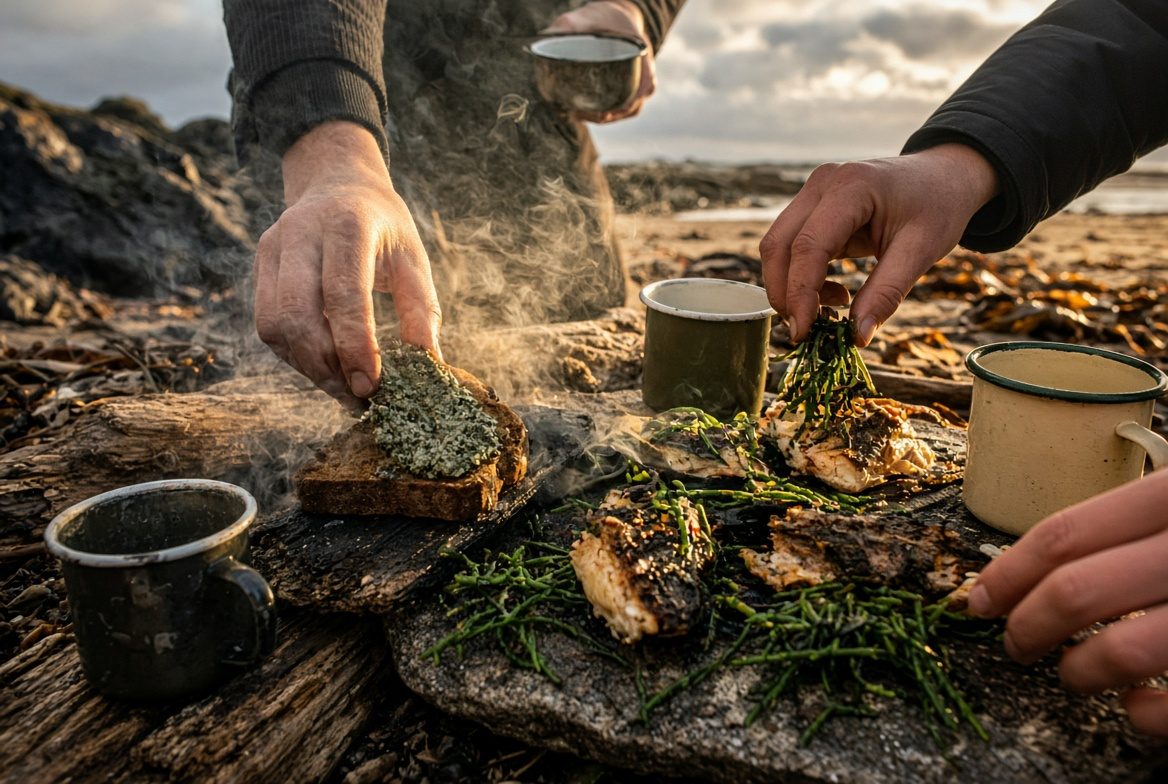 Wild food cooked over fire on an East Neuk beach, hands reaching in